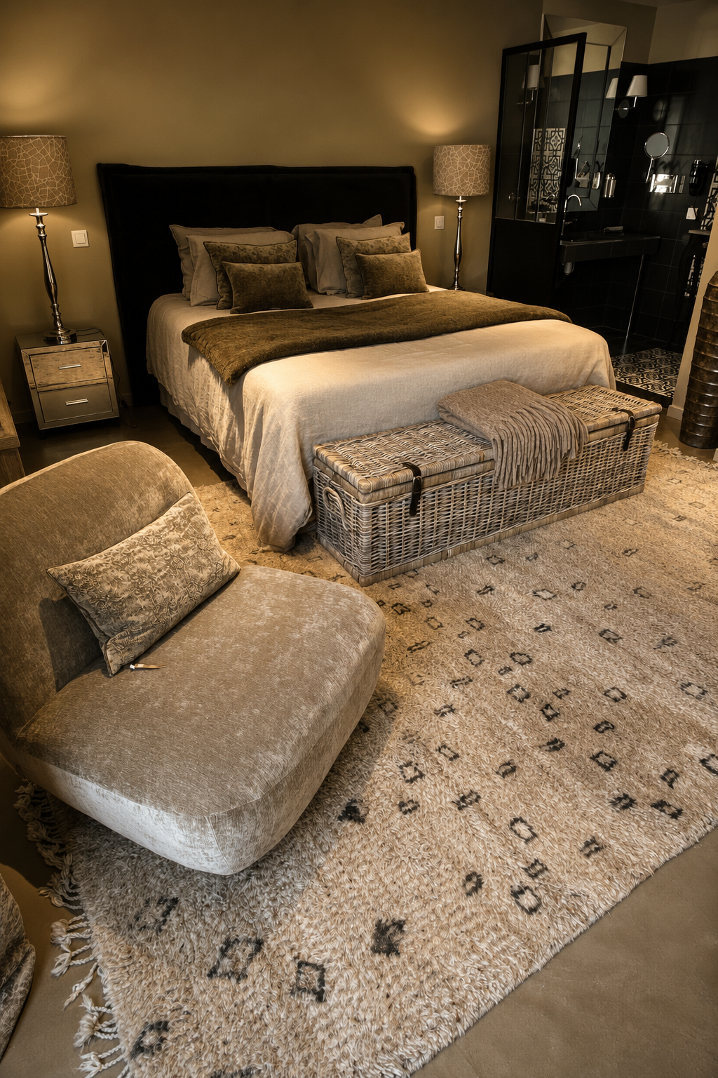 Tapis Beni M'rirt crème mis en situation dans une chambre aux tons naturels.