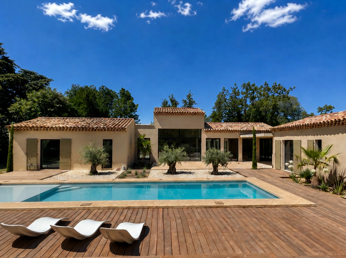 Maison contemporaine à Saint-Rémy-de-Provence avec piscine, toiture en tuiles et composition méditerranéenne.